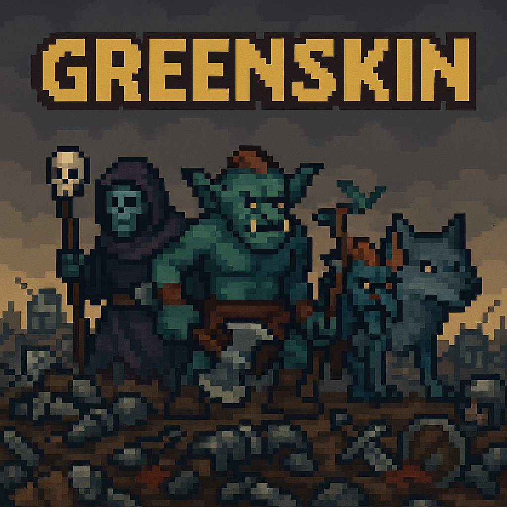 Greenskin key art — the necromancer, orc, troll and wolf stand together over rubble.