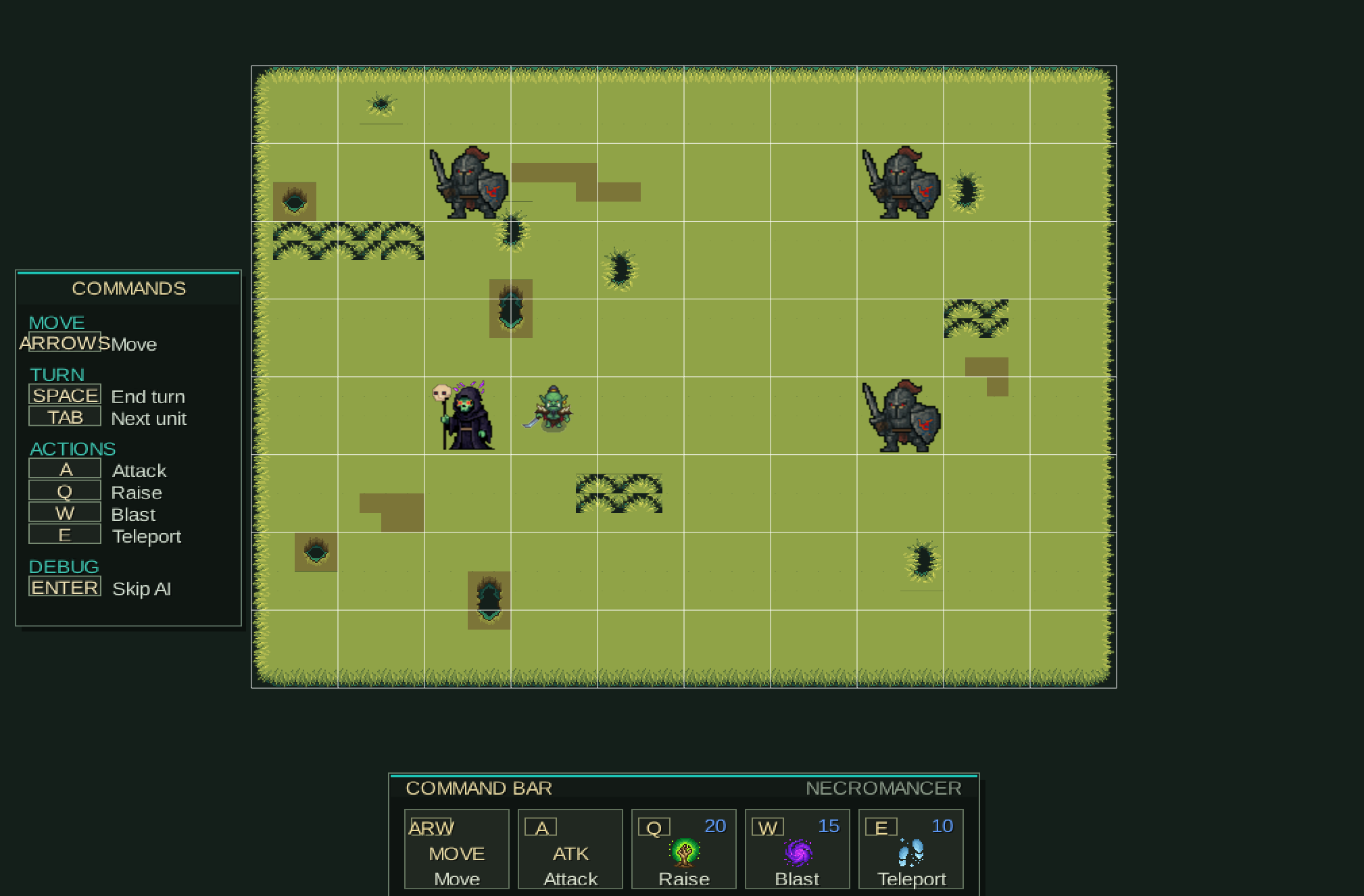 Greenskin in-game battle: COMMANDS panel on the left, grass battlefield in the centre, and a COMMAND BAR along the bottom.